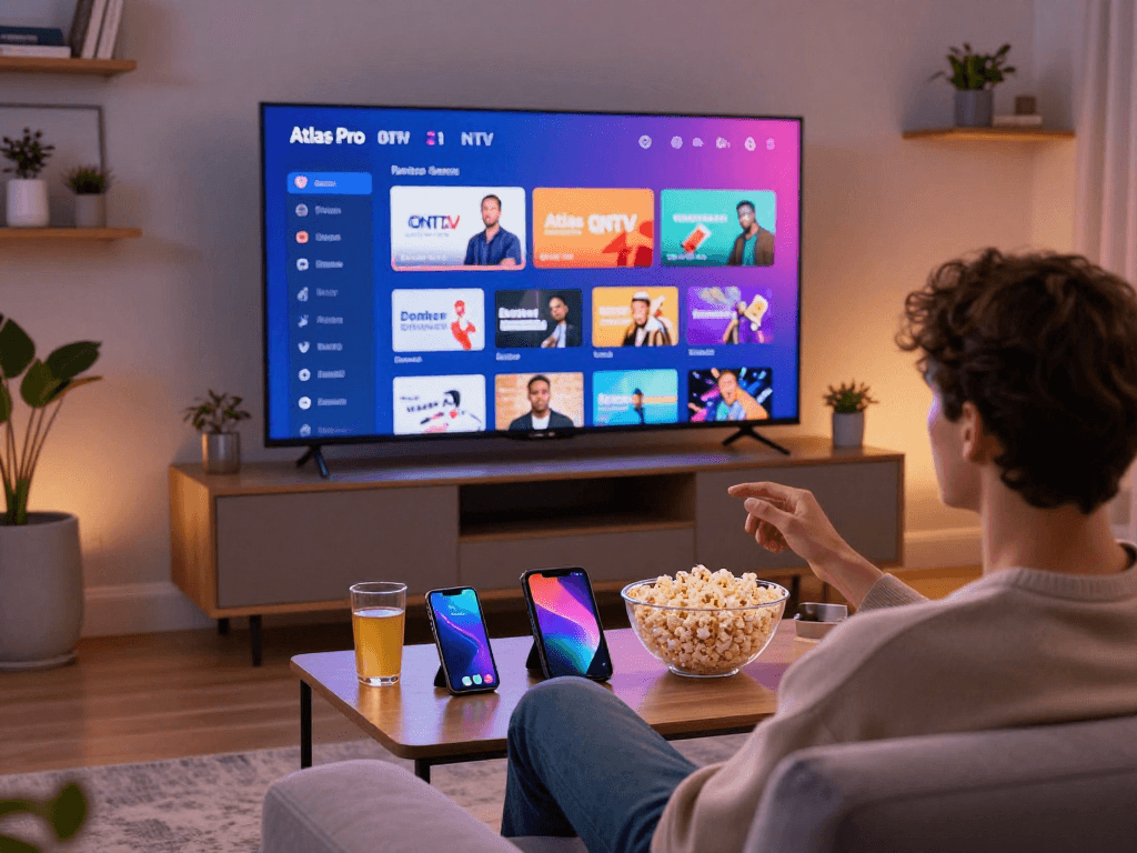 L'utilisateur se divertissant avec l'application atlas pro ontv sur une TV intelligente dans un salon chaleureux.