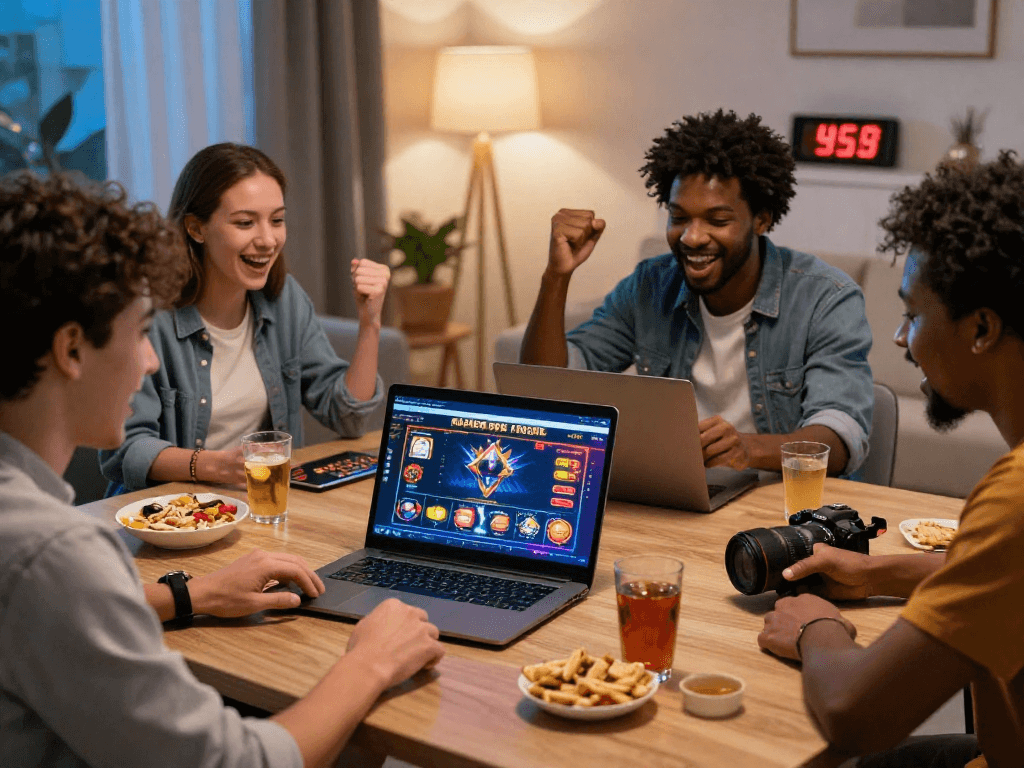 Scène de jeu convivial avec des amis jouant au casino en ligne, ambiance chaleureuse et festive.