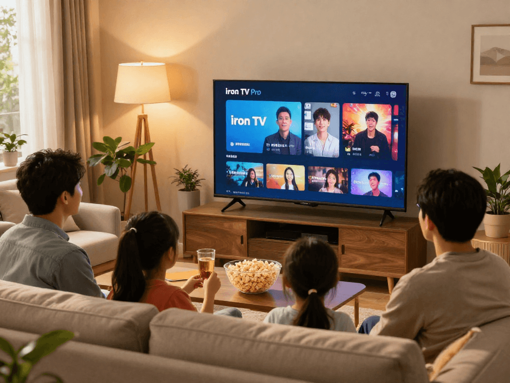 Fermez-vous à votre famille avec Iron TV Pro, regardant des émissions en 4K dans un cadre chaleureux.