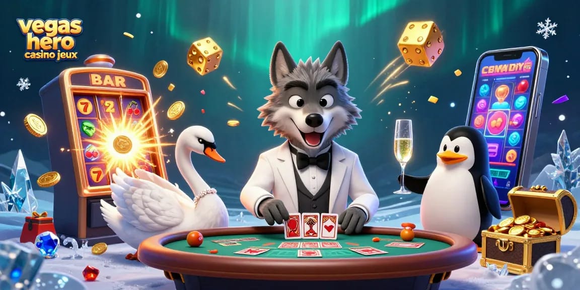 Gagnez des jackpots avec les jeux du Vegas Hero Casino dans une scène animée captivante.