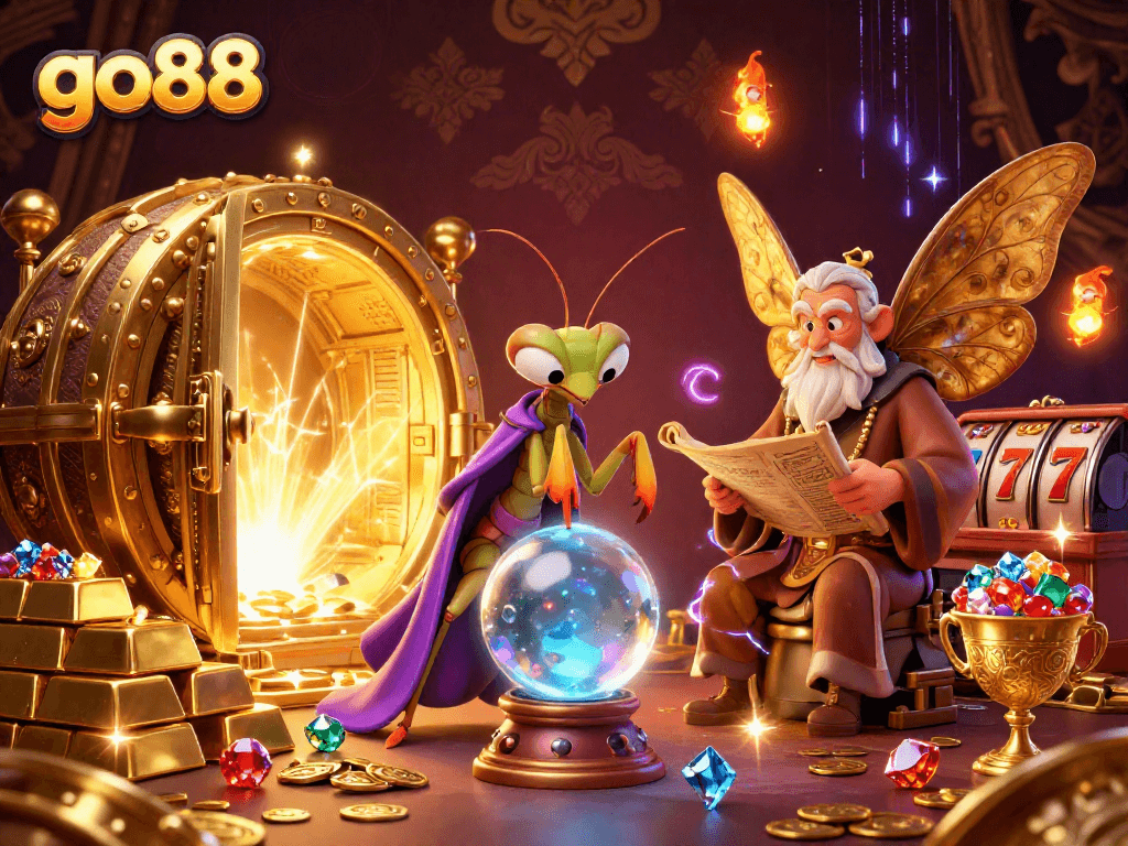 Experience the enchanting world of go88 with a mystical fortune teller and librarian surrounded by treasures.