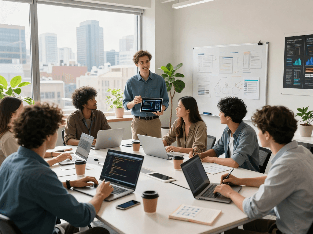 Équipe de développeurs travaillant ensemble sur Atlas pro dans un bureau moderne avec vue sur la ville.