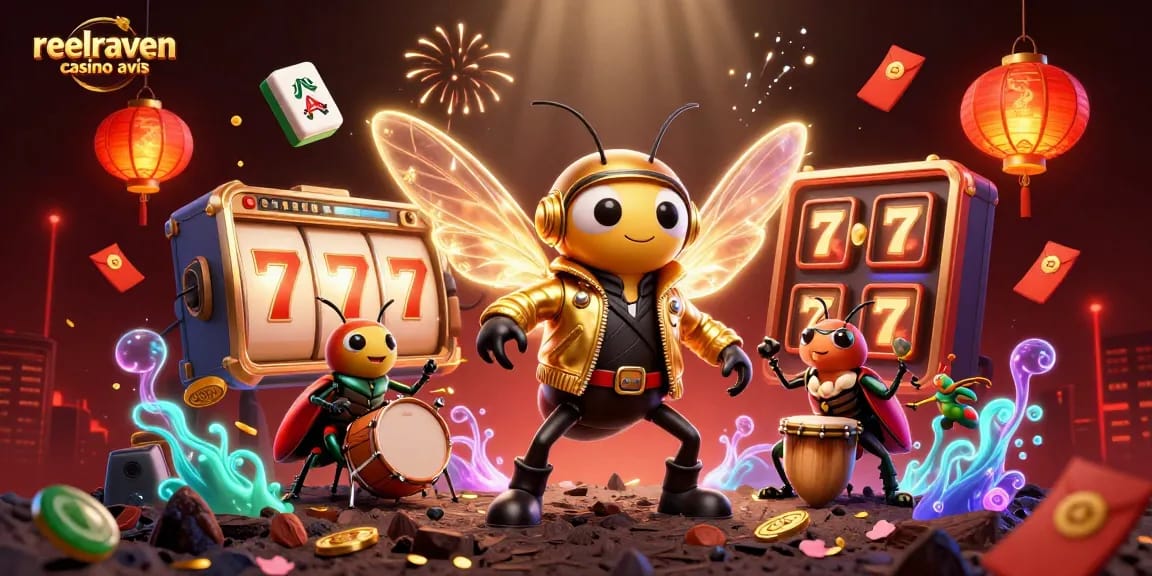 Illustration dynamique de reelraven casino avis avec des éléments de jeu et personnages en concert.