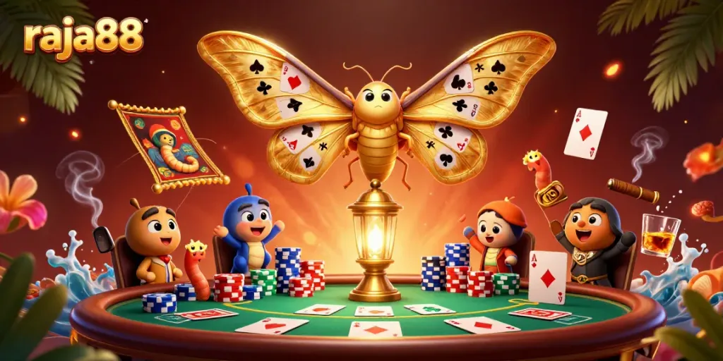 Experience thrilling gameplay with raja88's vibrant casino scene featuring cards and chips.