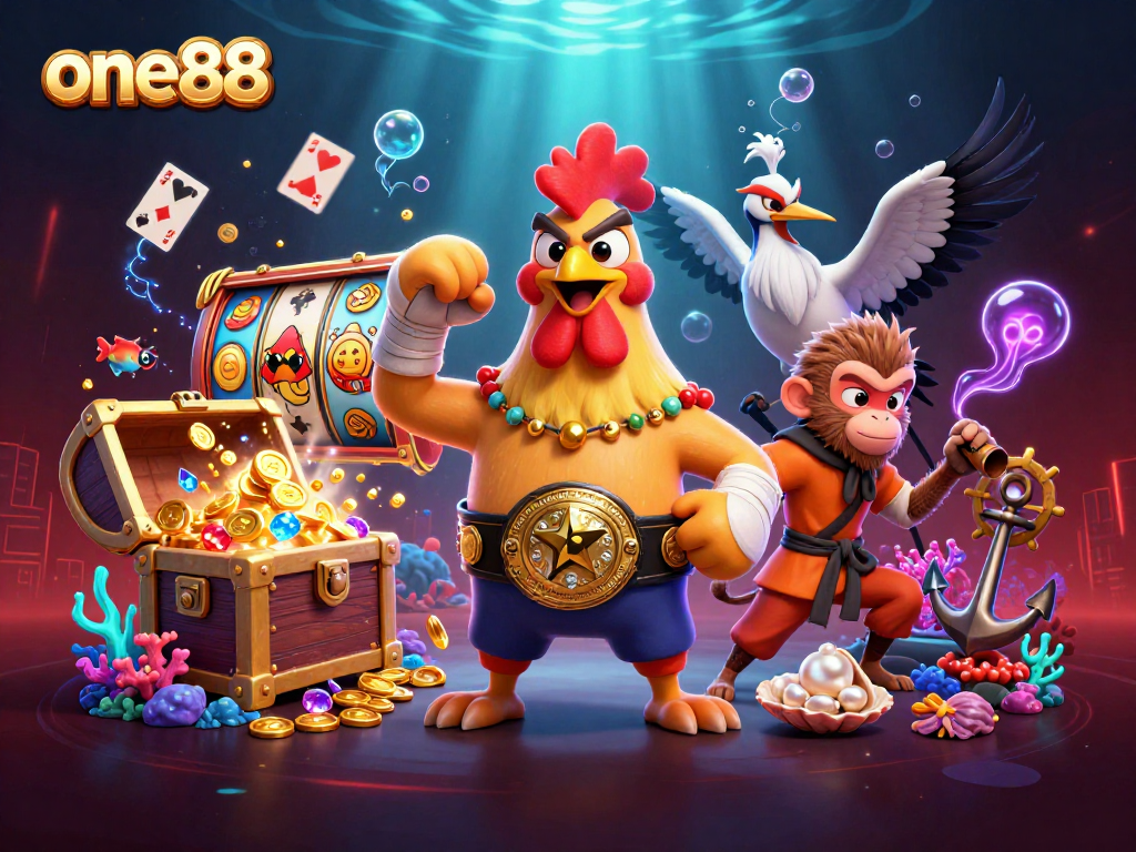 Win big with one88 while enjoying a vibrant 3D casino illustration of exciting game elements and colorful characters.