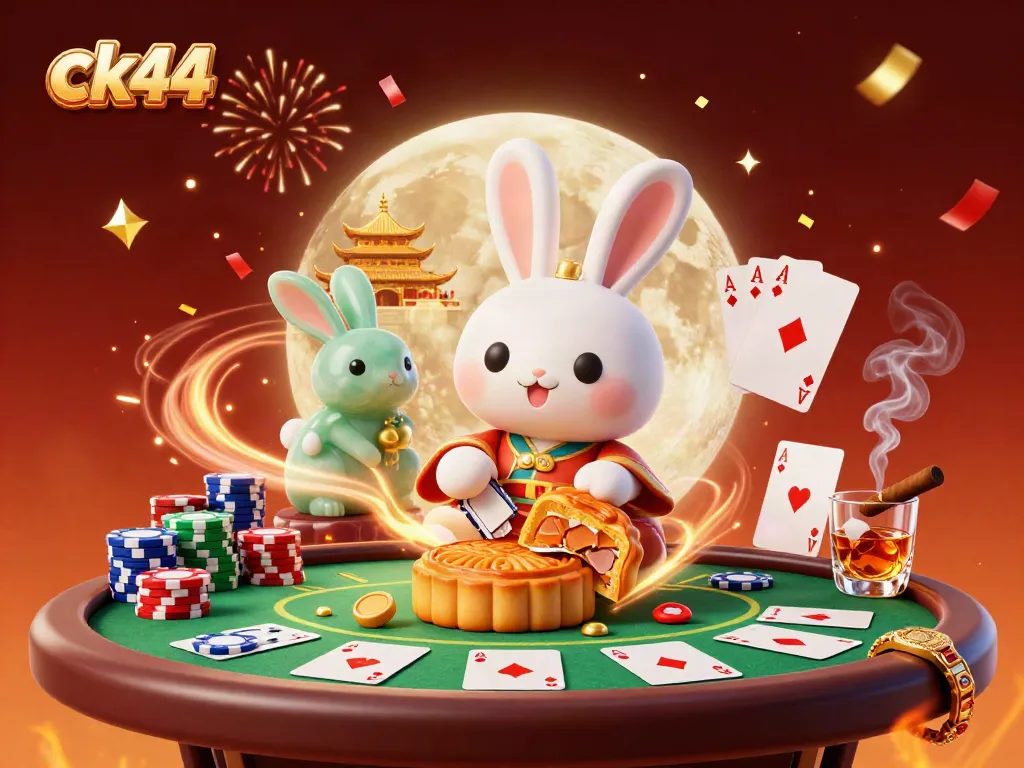 Experience ck44's immersive gameplay with a moon rabbit revealing poker chips amidst a vibrant casino setting.
