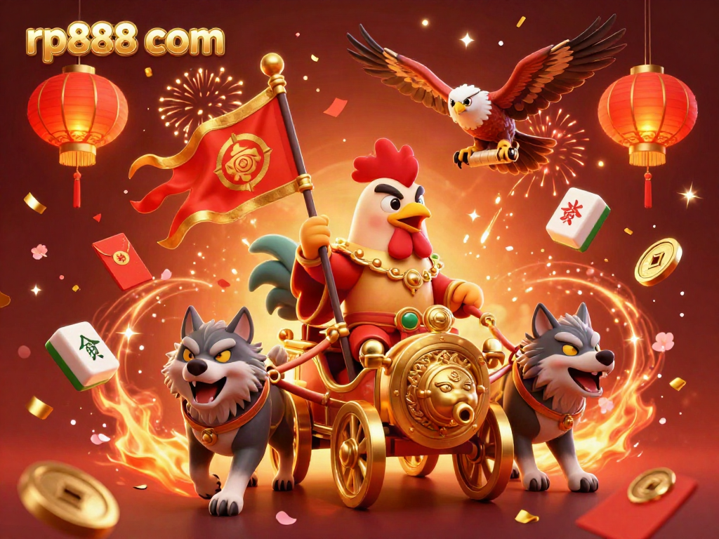 Engage in vibrant casino action with rp888 com's festive 3D illustration featuring dynamic characters and rich game elements.