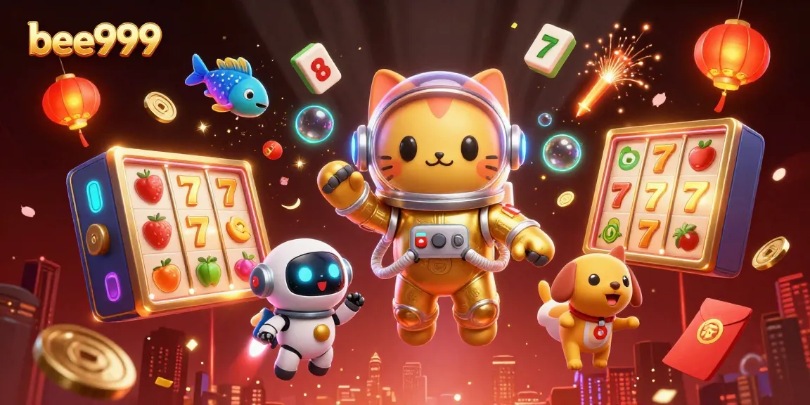 Experience the thrill of bee999 with an engaging scene of a cat astronaut and robot dog amidst colorful casino elements.