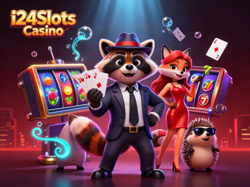Jouez à i24Slots Casino avec des personnages animés du casino, réalisant des gains sur des machines à sous colorées.