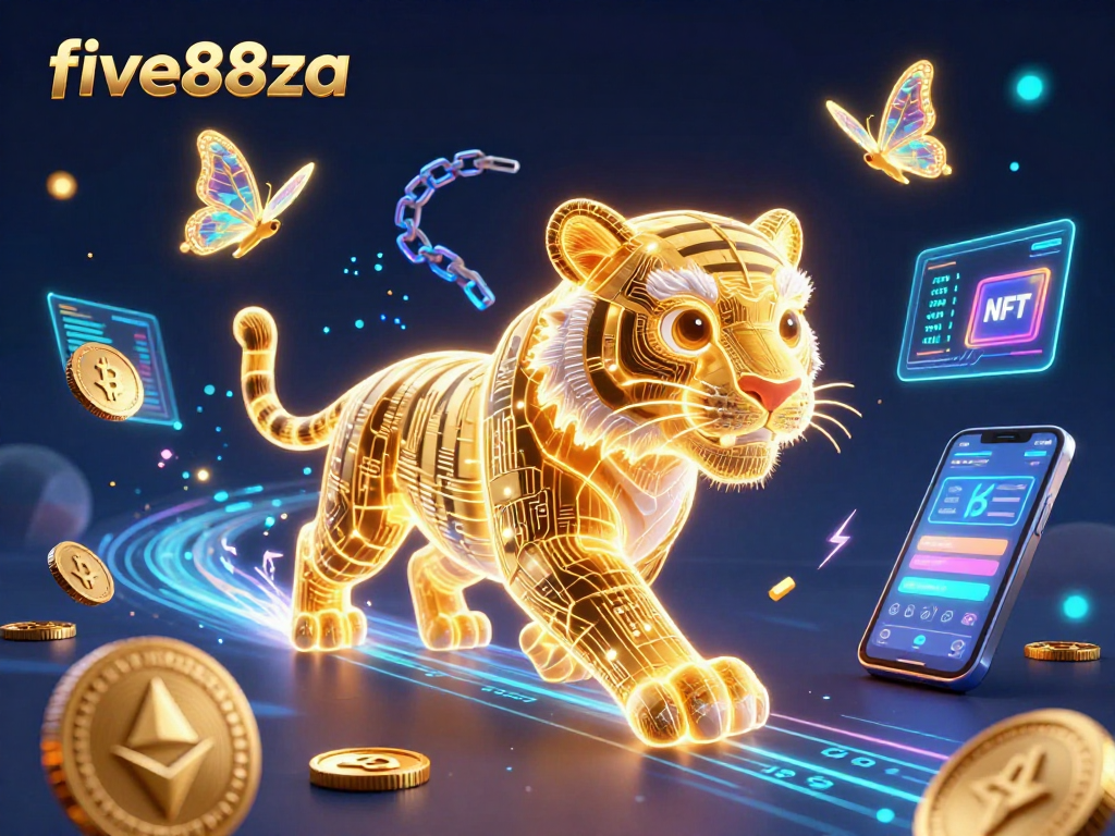 Engage with five88za’s vibrant digital casino realm, featuring neon-wireframe tiger and crypto elements.