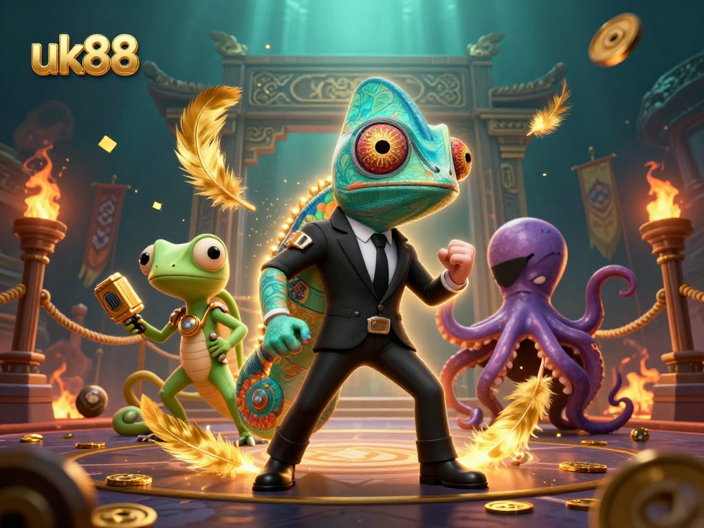 Experience thrilling gameplay at uk88 with a dynamic 3D casino illustration featuring vibrant characters and rich elements.