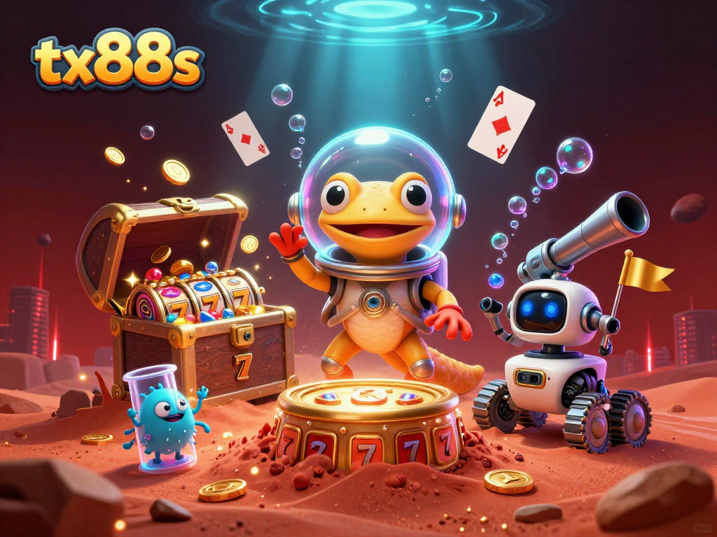 Experience the tx88s Martian casino with vibrant aliens, gold treasures, and slot machines.
