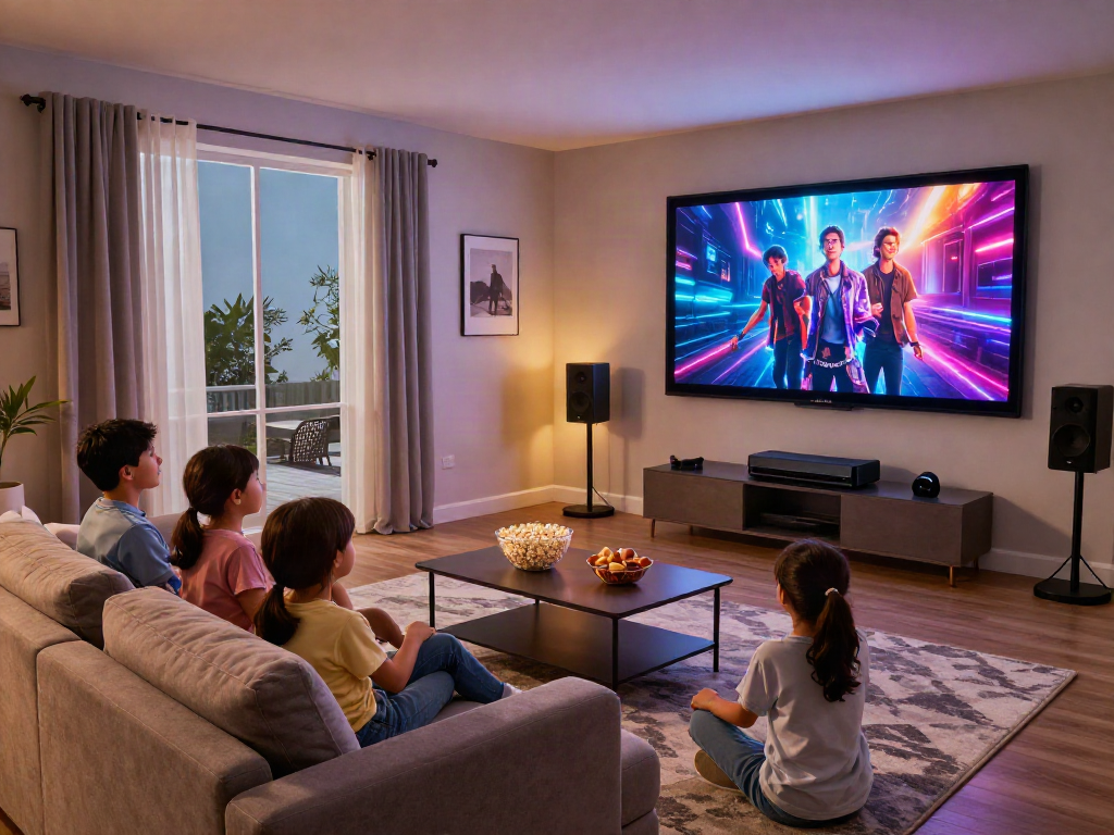 Installer un cinéma maison Iron tv pro avec famille se divertissant dans un salon moderne.