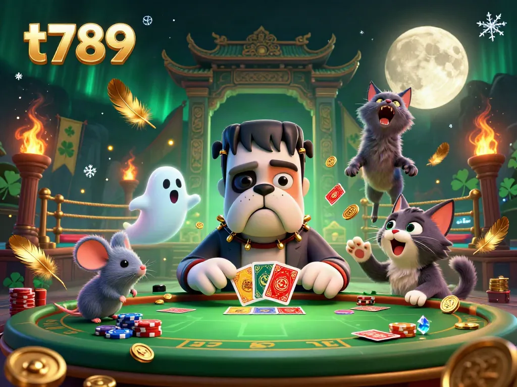 T789 casino scene featuring a Frankenstein bulldog monster dealing cards with a werewolf kitten and ghost mouse.