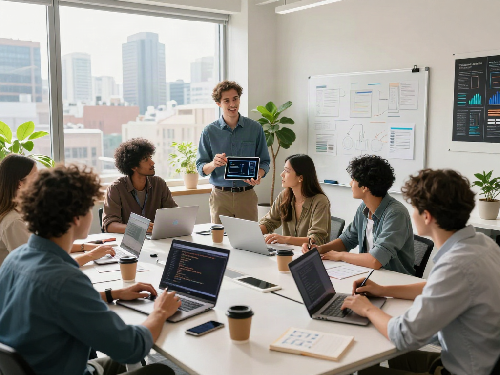 Équipe de développeurs travaillant ensemble sur Atlas pro dans un bureau moderne avec vue sur la ville.