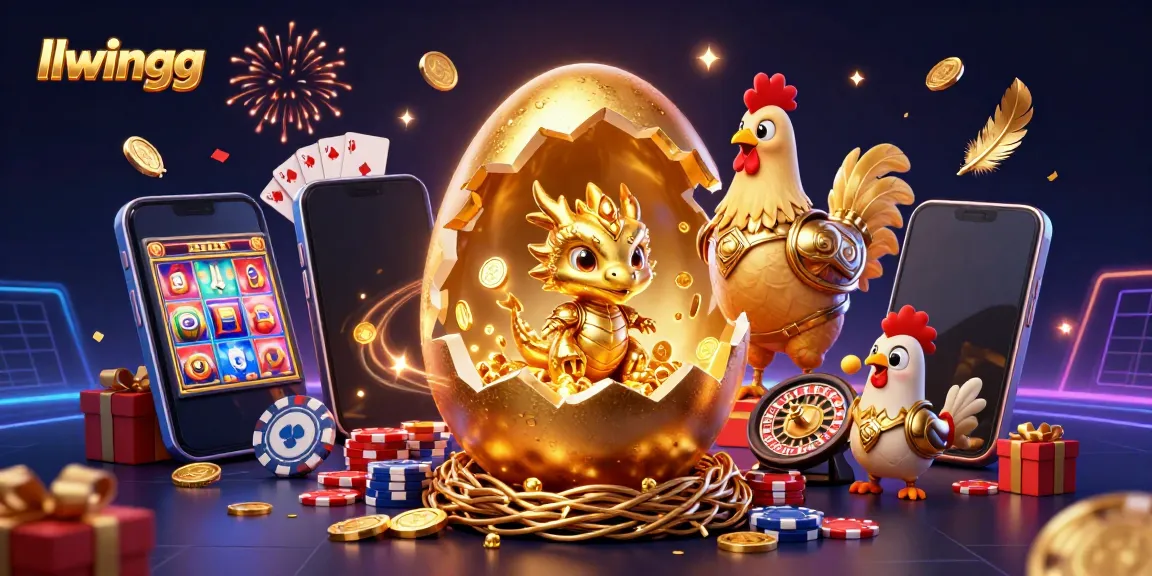 Win big at llwingg with a vibrant 3D illustration of a golden dragon, poker chips, and slot game excitement.