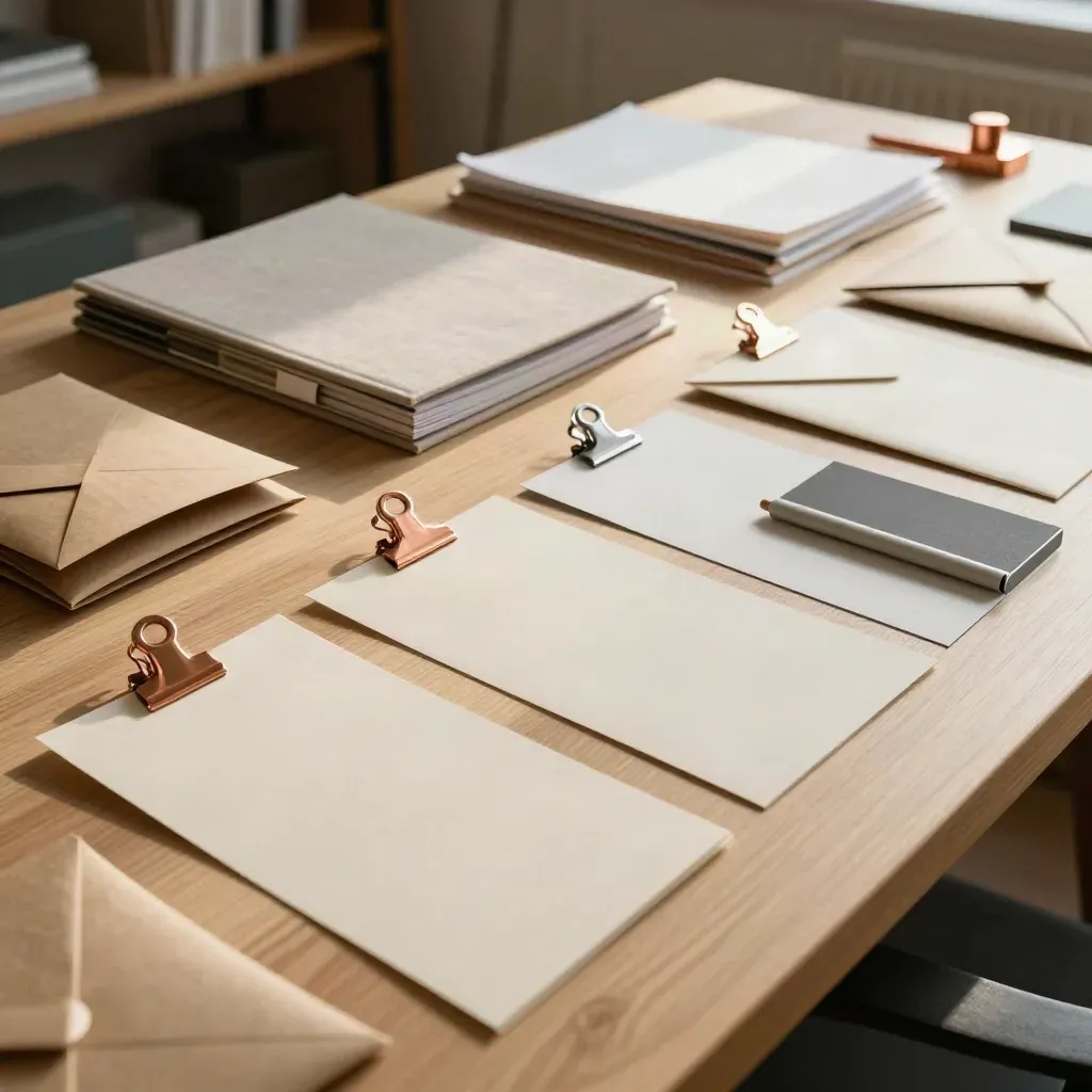 Audit commercial en objets: cartons, enveloppes fermées, classeur neutre et accents cuivre sur bois clair.