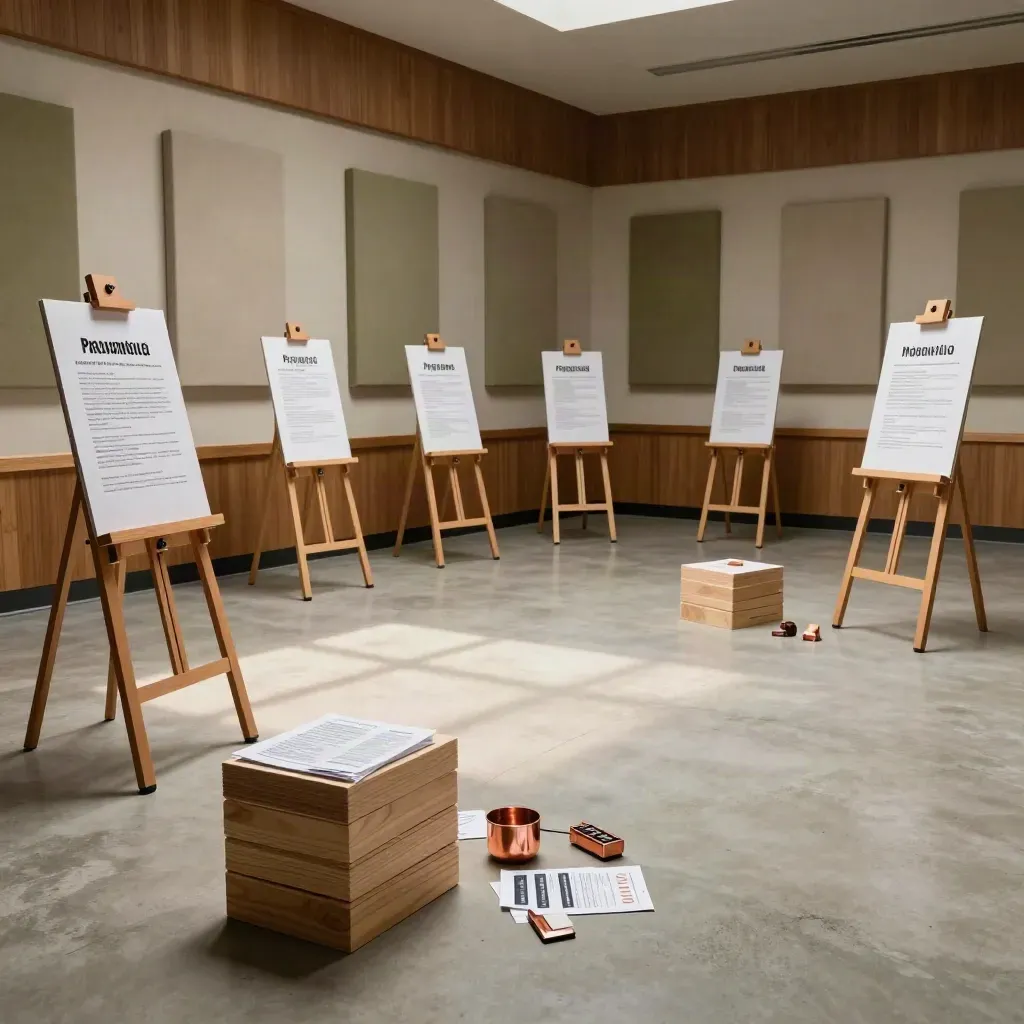 Salle de formation vide, chevalets fermés, cartes de scénario et blocs de bois, lumière cuivre.