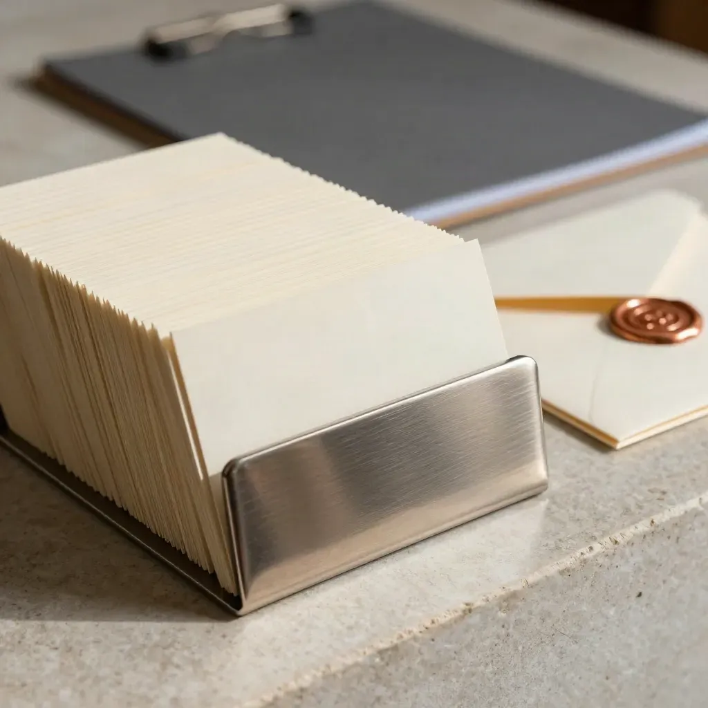 Cartes de qualification ivoire, porte-cartes et enveloppe fermée sur pierre claire.