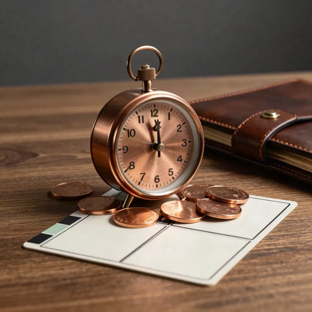 Nature morte de coaching : minuteur cuivre, jetons, cartes de scénarios et bloc fermé sur bois.