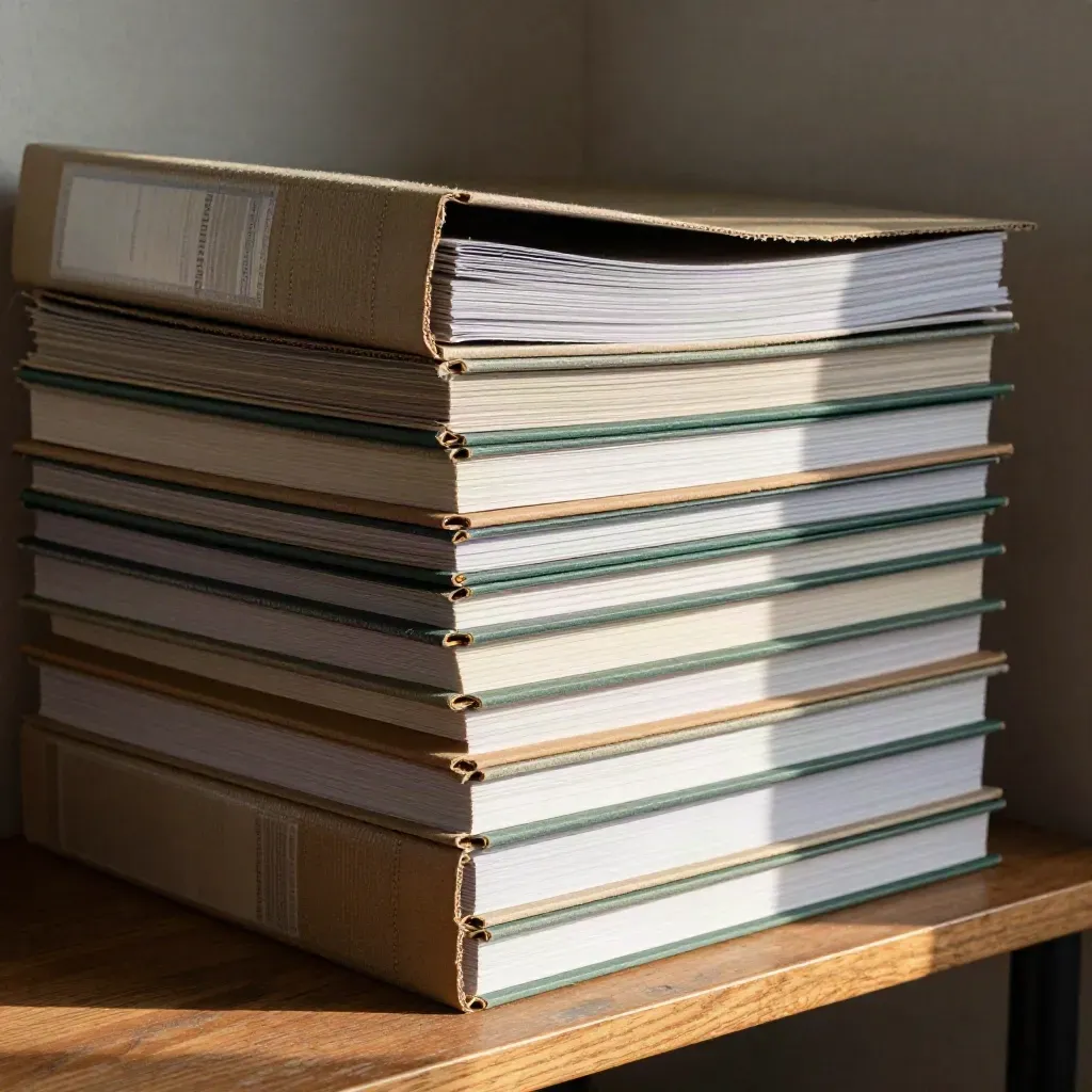 Pile de supports de formation vente en toile et carton, lumière rasante, onglets vert sapin.