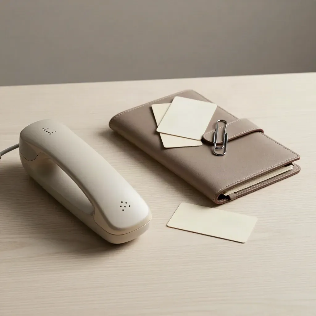 Téléphone fixe moderne, carnet à rabat, cartes ivoire et trombone sur bois clair.