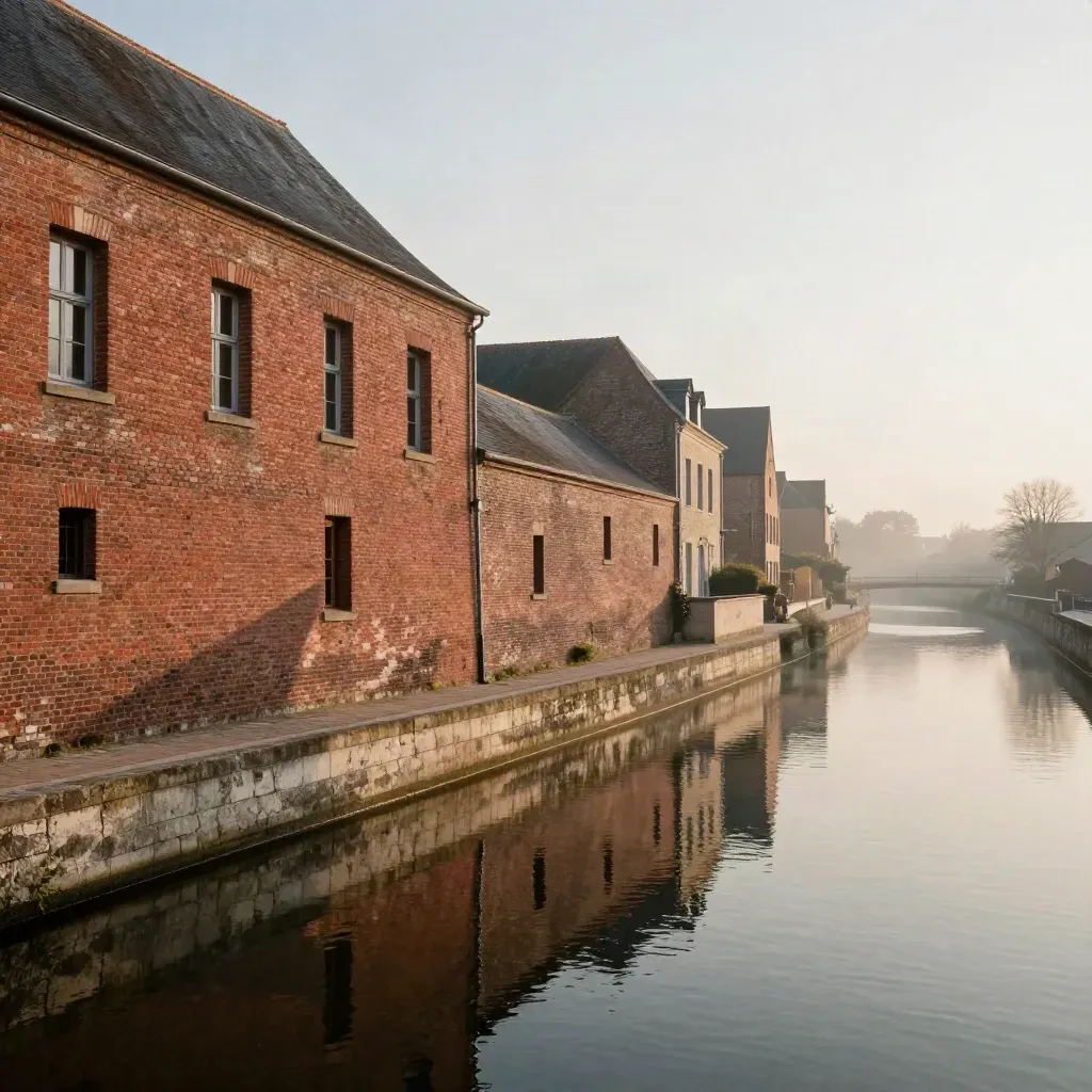 Canal et briques des Hauts-de-France au soleil couchant, grande zone calme pour le texte.