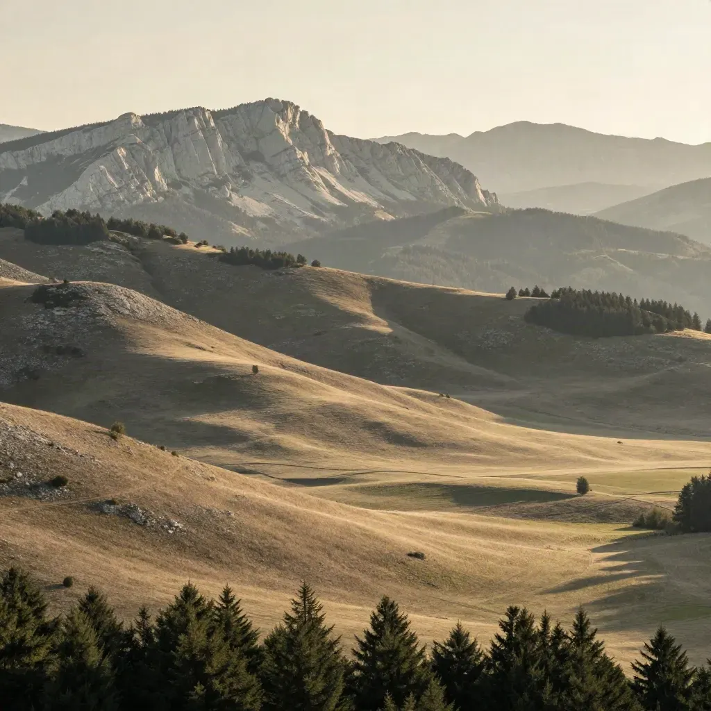 Massif montagneux d’Auvergne-Rhône-Alpes, vallée calme et brume dorée
