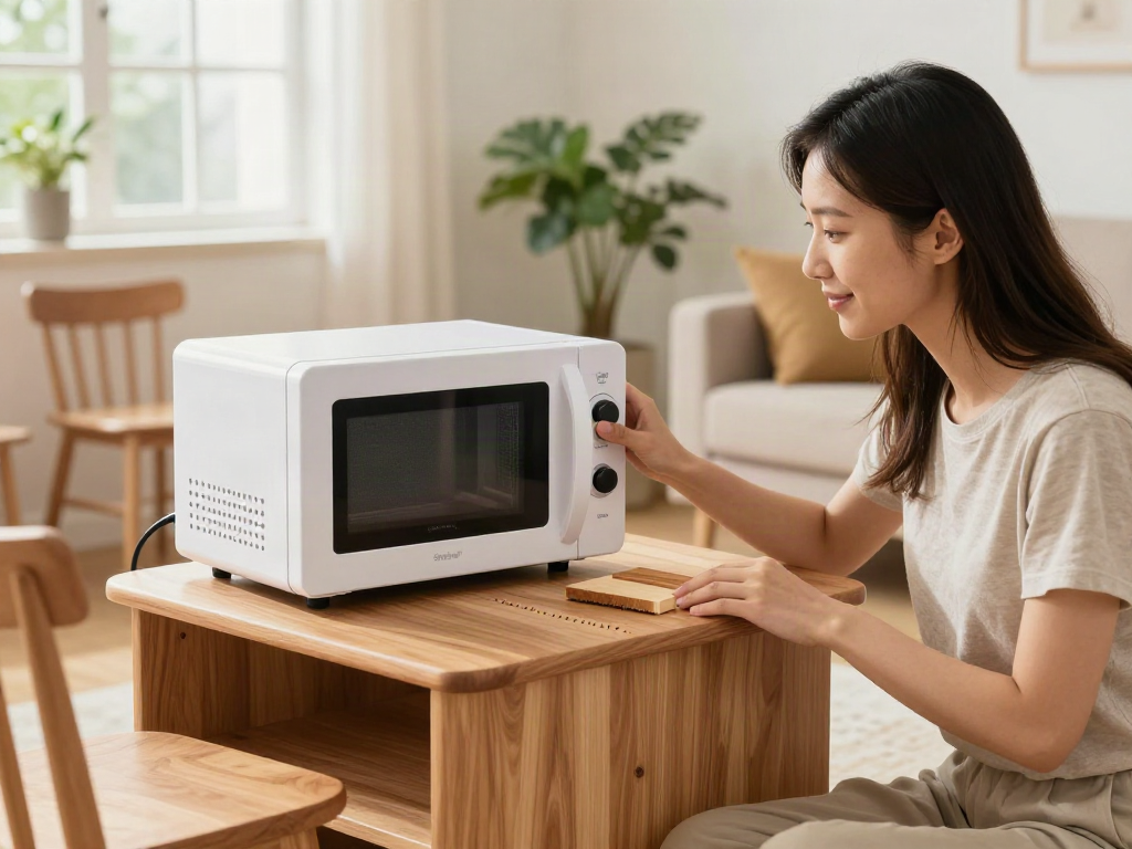 Traitement de bois avec Shashel®, dispositif à micro-ondes dans un salon lumineux.