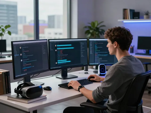 Uncensored AI chat session in a modern tech workspace with multiple screens.