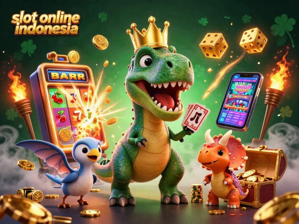 Win big at slot online Indonesia with a friendly T-Rex shuffling cards surrounded by vibrant casino action.