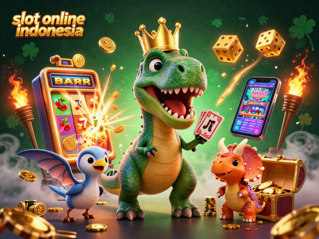 Win big at slot online Indonesia with a friendly T-Rex shuffling cards surrounded by vibrant casino action.