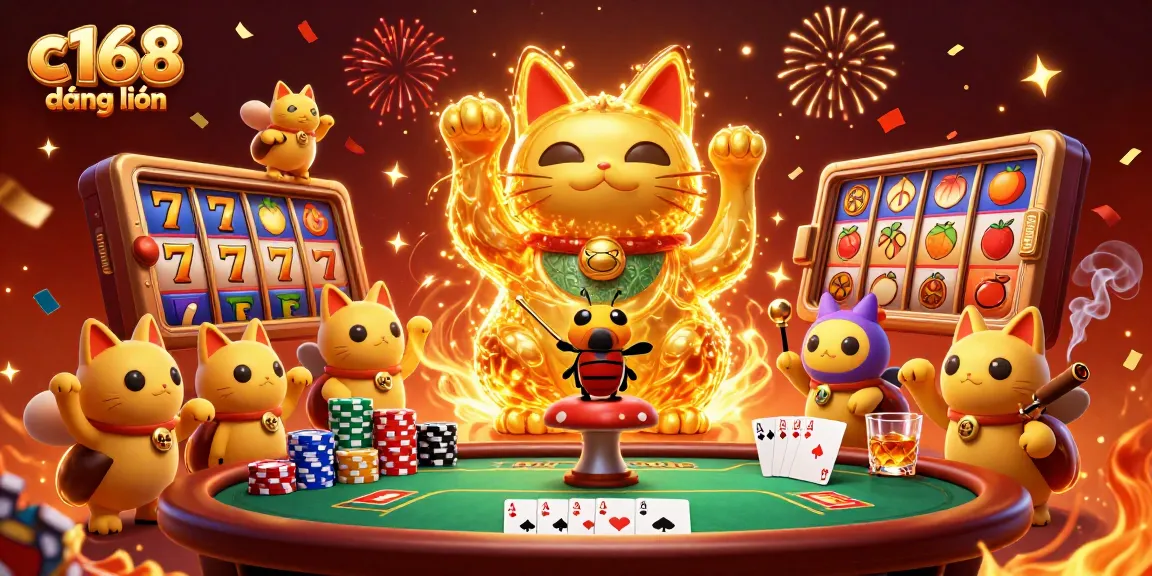 Experience the excitement of c168 đăng nhập with a vibrant online gambling scene featuring a lucky cat, fireflies, and casino elements.
